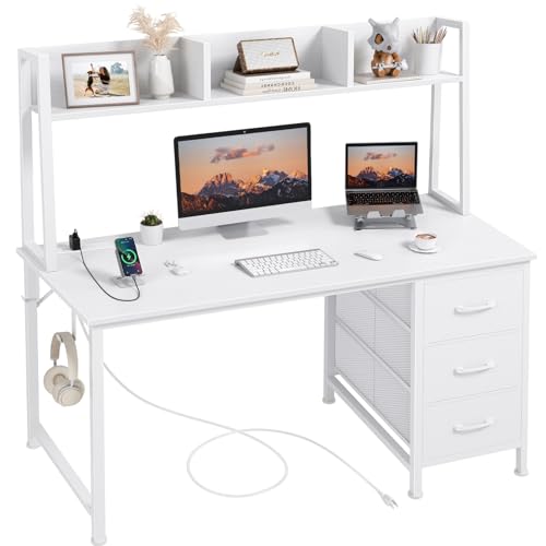 DLisiting 47 inch computer desk with hutch and fabric drawers in white