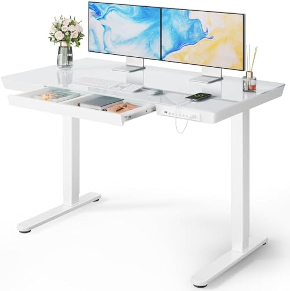 Marsail Glass White Standing Desk with Drawer