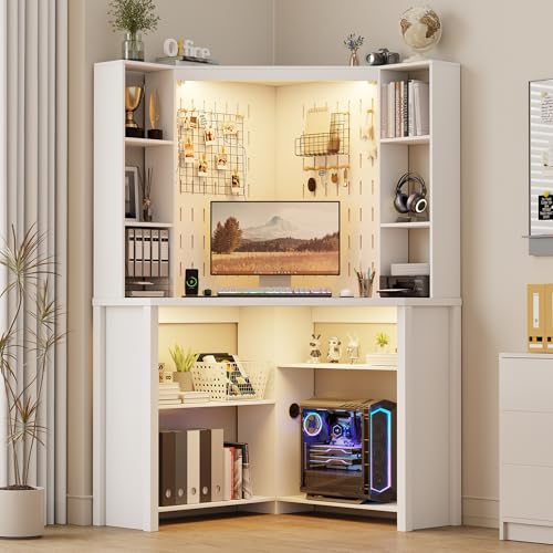 White corner computer desk with hutch shelves and LED reading lights